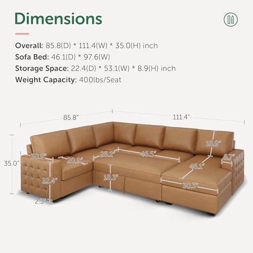 Image of HONBAY Sleeper Sectional Couch with Pull-Out Bed Sectional Sleeper Sofa Pull Out Bed with Storage Chaise, 6 Seaters Couch for Living Room, Faux Leather Brown