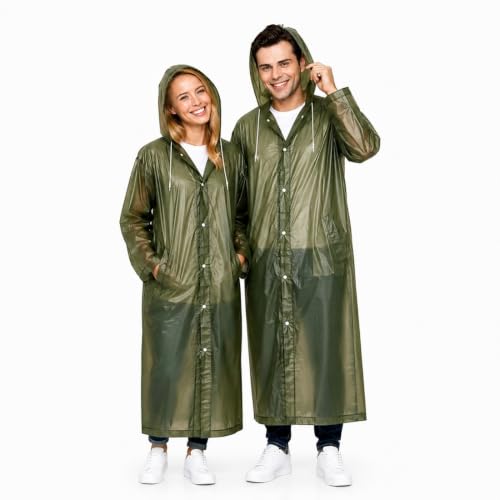 Image of OTOROYS Waterproof Long Rain Coat with Hood for Men, Women, Boys & Girls | Universal Full Length Reusable PVC Raincoat | Lightweight Portable Rain Ware for Bike Riding, Travel & Outdoor, Olive