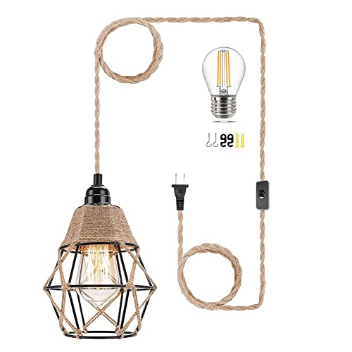 Plug in Pendant Light Hanging Lamp with Plug in Cord, Hemp Rope Hanging Light Fixtures with On/Off Switch, Farmhouse Plug in Chandelier Pendant Lamp for Kitchen Bedroom Living Room Hallway