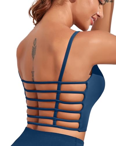 Strappy Sports Bras for Women High Support Open Back Workout Tops Longline Tank Top with Built in Bra Yoga Crop Bras