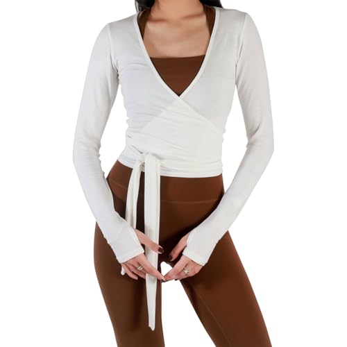 Image of LYSINK Women Cross Wrap Tie Tops Long/Short Sleeve Deep V Neck Solid Color Slim Fit T-Shirts Yoga Pilates Ballet Workout Tops (Be White, M)