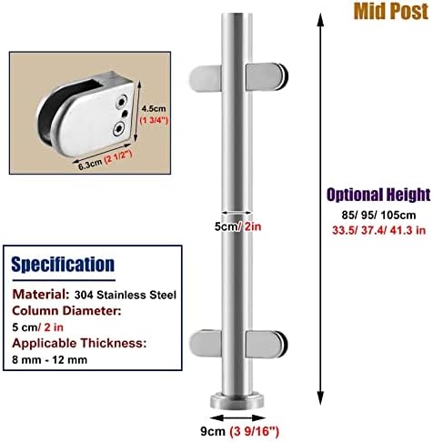 Glass Balustrade Post Kit with Spigot Clamps for Attic Stairs, Round Deck Railing System, Patio Fence, Indoor & Outdoor Use, Durable Safety Poles