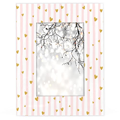 Heart Pink Gold 4X6 Picture Frame Stripe Wood Photo Frames For Table Top Display Wall Mounting Fits 4X6 Or 3.5X5 Pictures Home Office Decor #TOP3
