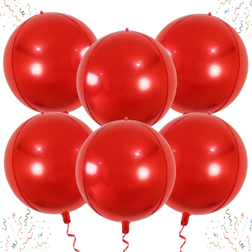 Image of Large Metallic Red Balloons 22 Inch Pack of 6 360 Degree 4D Round Red Metallic Balloons Red Chrome Balloons Red Foil Balloons Perfect for Christmas Decorations Party Balloons