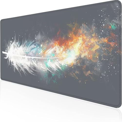 YALNSENN Mouse Pad Large, 1200 x 600 x 3mm Mice Pad with Non-Slip Rubber Base, Mouse Mats for Comters Durable Stitched Edges, Neoprene Smooth Surface for Laser and Optical Mouse Mat, White Feather