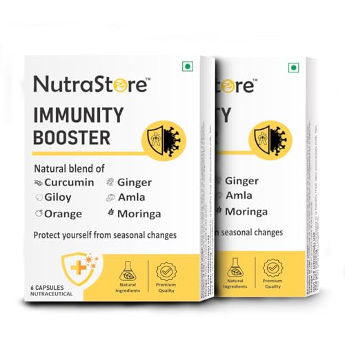 Image of NutraStore Immunity Booster Men & Women | 6 Veg Capsules (Pack of 2) | Vegetarian Immunity Support Capsules | Curcumin, Giloy, Amla, Moringa, Ginger, Orange & Piperine | Natural Defense Support