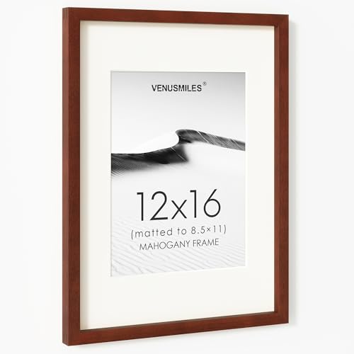 Image of 12x16 Picture Frame, USA-Sourced Natural Mahogany Wood Photo Collage Frame with HD Tempered Glass, Modern Simple 12 x 16 Wooden Frame Matted to 8.5x11, Vertical & Horizontal Wall Hanging Display