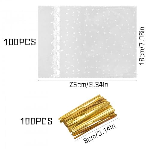 Rapidbok 100 Buste Trasparenti Per Caramelle 18x25 Cm, Con Filo Dorato, Perfette Per Bomboniere E Biscotti
