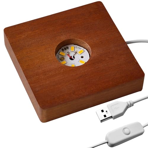 Image of Wooden LED Light Base Display Lighted Base for Crystals - Brown Square Wood Display Lighted Bases Pedestal Stand for Room Office Home Decor