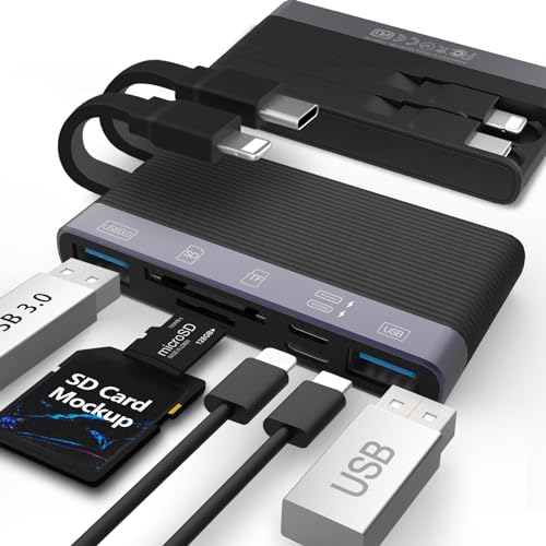SD-Kartenleser für die Kamera von iPhone und iPad, 6-in-1-Speicherkartenleser mit Mehreren Anschlüssen aus Aluminium mit SD/TF-Karte, faltbares Datenkabel, Keine Anwendung erforderlich, Plug-and-Play