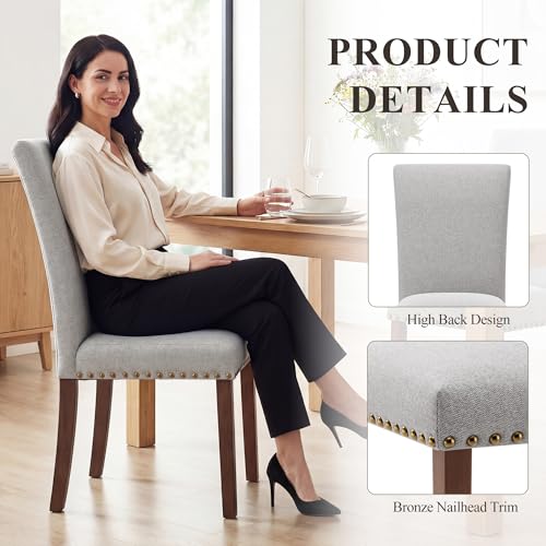 Image of COLAMY Parsons Dining Chairs Set of 6, Upholstered Fabric Dining Room Kitchen Chair with Nailhead Trim and Wood Legs - Light Grey
