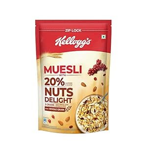 Kellogg’s Muesli 20% Nuts Delight 1kg | Almonds & Raisins, 5 Grains, High in Iron, Vitamins B1, B2, B3, B6, Folate and Fibre, Multigrain Breakfast Cereal