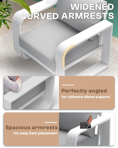Image of Oversized Aluminum Outdoor Furniture Set, Extra Large Patio Furniture Sofa Set 4.8 inch Widened Armrest & Ultra-Thick Cushions, 4 Pcs Modern Patio Sectional for Backyard, Deck, White
