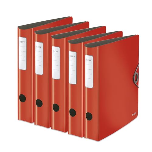 Leitz Qualitäts-Ordner 180° Active Solid, 5er Pack, A4, Schmal, Abgerundeter Rücken, 6,5 cm breit, Gummibandverschluss, Leichtes Polyfoam, Plastik-Ordner, Rot, 10481020