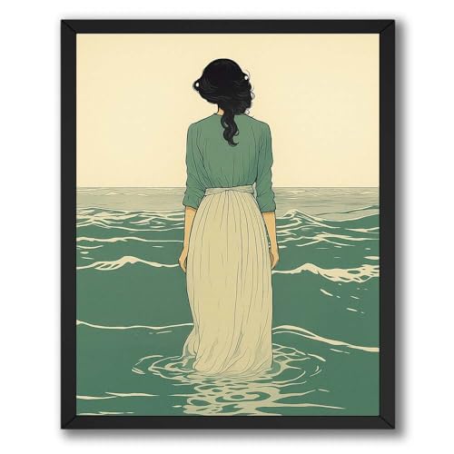 InkFlow Posters Woman in Ocean Poster - Calm & Serene Seaside Illustration with Waves - Relaxing Ocean View Art for Living Room, Bedroom, and Home Decor - 11x14 Unframed Canvas Print