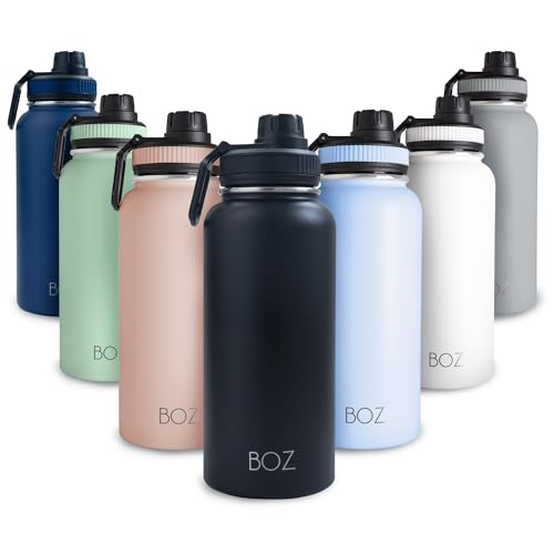 BOZ Gourde Isotherme En Acier Inoxydable XL - Noir (1 L / 32oz) Ouverture Large, Sans BPA, Isolation Sous Vide À Double Paroi, Bouteille d'Eau 1 litre