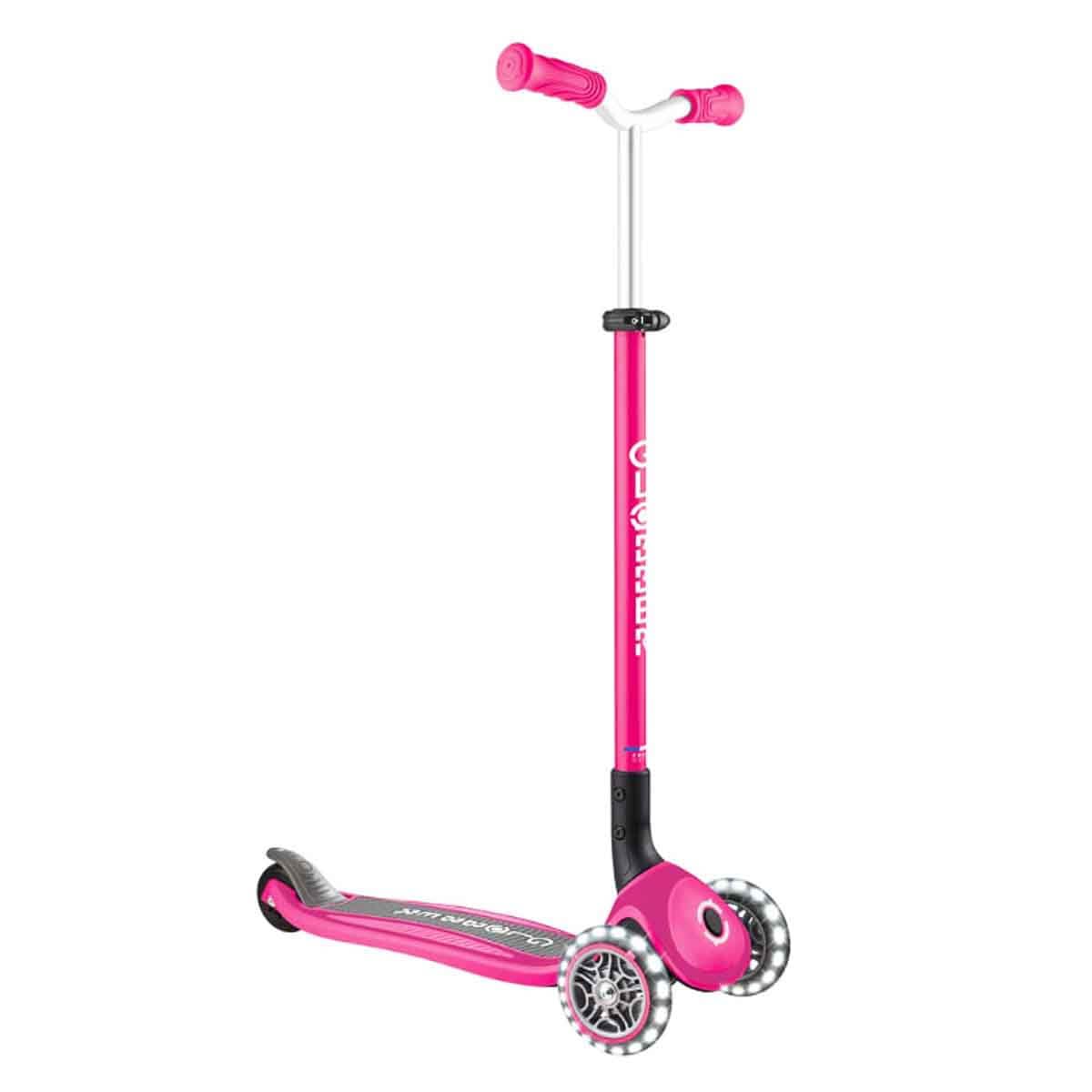Globber Master Folding Scooter with Light Up Wheels and 5 height adjustable handlebars 74-94cm Suitable from 4 years max user weight 50kg (Fuchsia)