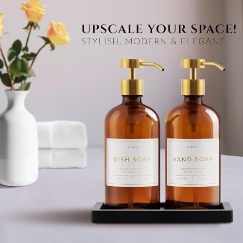 Glass Soap Dispenser Set of 2 (Amber) with Silicone Tray | Hand and Dish Soap Dispenser for Kitchen and Bathroom | 16.8 Oz Glass Bottles with Stainless Steel Pump & 15 Waterproof Labels (Amber/Gold) - image 2