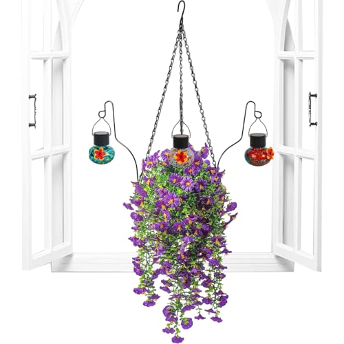 Artificial Plants Outdoor, Realistic Fake Outside Flowers With Bird Feeder,
