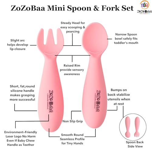 Image of Baby Weaning Spoon & Fork Set, Chewable Silicone Utensils for Training Infants, Baby Led Self Feeding, 6 M+| Gum Friendly, BPA Free, Dishwasher Safe, Unbreakable, 1 Pair, Light Pink