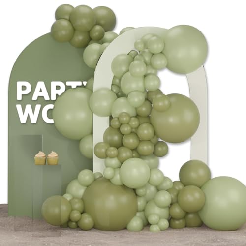 Image of PartyWoo Sage Green Balloons 140 pcs Different Sizes Pack of 18 12 10 5 Inch Olive Green Boho Eucalyptus Balloon Arch Kit Garland for Baby Shower Birthday Party Decorations Green-F11 and Green-F32