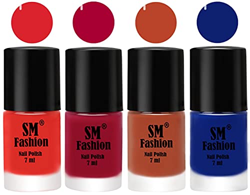 Image of Nail Polish Combo Set (Pack of 4) Quick Dry Gel Finish Nail Paint | Candy Orange,Dark Magenta,Light Coral,Blue | 7 ml Each
