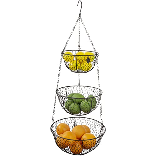 MyGift 3 Tier Bronze Metal Hanging Kitchen Fruit Basket, Country Rustic Heavy Duty Wire Produce, Vegetables and Storage Organizer Basket with Sturdy Ceiling Hook
