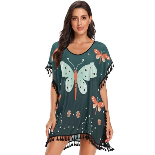 Cartoon Beautiful Butterfly Women's Beach Cover Up Chiffon Tassel Swimwear Swimsuit Coverups for Girl