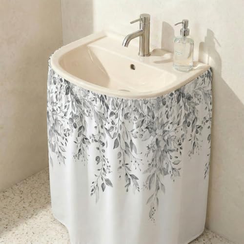 Grey Eucalyptus Sink Skirt for Bathroom, Self Stick Adhesive Waterproof