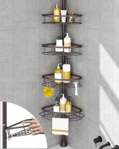 SEIRIONE Rustproof Shower Corner Caddy Organizer for Bathroom,Tension Pole with 4 Baskets, for Bathtub Storage Rack, 34 to 116 Inch Height, Bronze