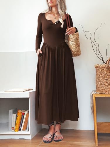 Image of Mieazom Long Sleeves Maxi Dress for Women A Line 2025 V Neck Casual Button Boho Tshirt Long Dress with Pockets
