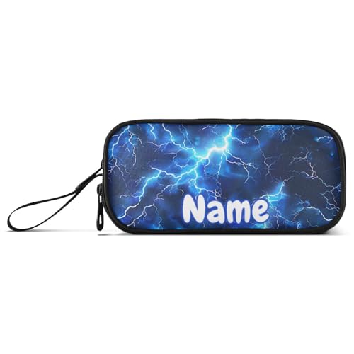 Image of Custom Blue Electric Lightning Pencil Case Box Boys Girls Personalized Name Large Pencil Pouch Stationery Pen Bag Organizer for Kids Adults School Office