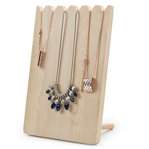 MyGift Natural Wood Necklace Holder Stand, Adjustable Length Necklace Bracelet Jewelry Organizer Display Stand - Holds up to 3 Necklaces