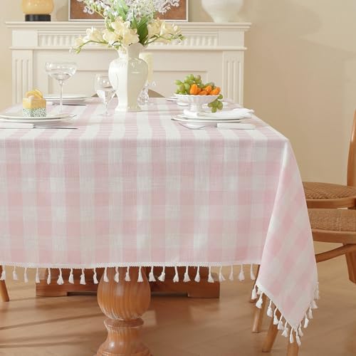gillhov Gingham Tablecloth Rectangular Tassels Checkered Table Cloth Washable Cotton Linen Plaid Table Cover for Spring Summer Kitchen Dining Party Pink and White 55x70