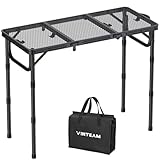 VINTEAM Camping Table, Folding Table with 3 Adjustable Heights, Portable Picnic Table with Mesh Desktop, Waterproof Foldable Table for Camping BBQ Picnic 87x40cm
