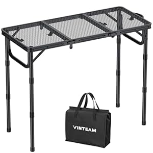 VINTEAM Campingtisch Klappbar 87x40cm - 3 Falten 3-Fach Höhenverstellbar, Aluminium Metallgitter Beistelltisch, Gartentisch Grilltisch mit Metallgitterplatte Ideal für Camping, BBQ, Picknick & Garten