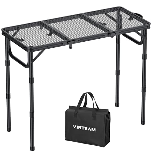 VINTEAM Camping Table, Folding Table with 3 Adjustable Heights, Portable Picnic Table with Mesh Desktop, Waterproof Foldable Table for Camping BBQ Picnic 87x40cm, Black
