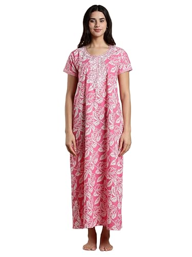 Image of 9shines Label Stylish Pure Cotton Nighty Maxi for Women | Embroidery Neckline Nightgown | A-Line Nightdress with Pocket | Floral Night Gown| Soft Comfortable Cotton Sleepwear (Cotton Yoke)