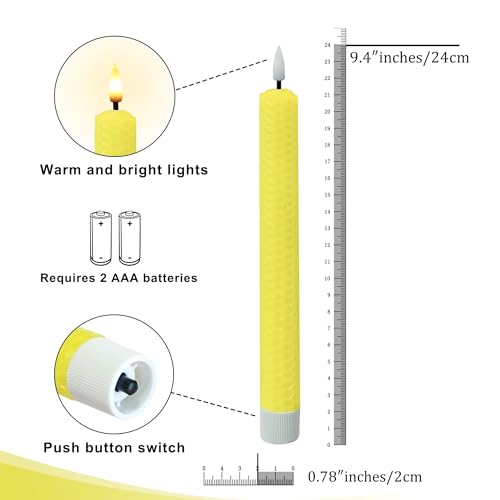 Image of Beeswax Honeycomb Flameless LED Taper Candles, 9.5 Inch Flickering Wax Candles with Remote & Timer, Yellow Battery Operated Dripless Tapered Candle for Home Wedding Decor, 4 Pack