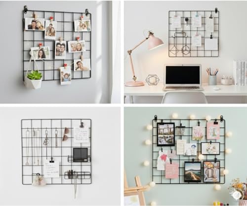 Image of Metal Grid Wall Panel, Photo Display Board with Clips, Black Square Mesh Frame, (BLACK, 30 X 30 Cm (Pack of 01))