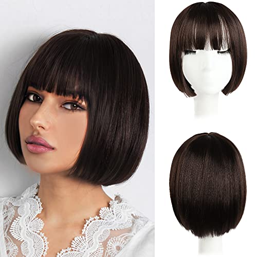 HSPJHTM Short Bob Wigs With Bangs 10" Dark Brown Hair Wig Daily,Halloween