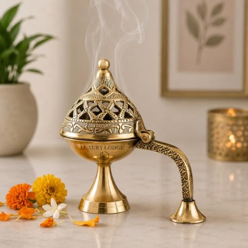 Image of 𝐋𝐔𝐗𝐔𝐑𝐘 𝐋𝐎𝐃𝐆𝐄 Brass Dhoop Holder | Incense Burner | Loban Dani | Dhoop Dani |Brass Loban Dhoop Dani | Dhoop Dani Stand Burner for Puja- 5 inches.