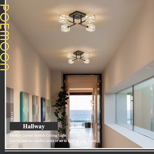 Image of Black Gold Sputnik Chandeliers Industrial 18 inch Crystal Semi Flush Mount Ceiling Light Fixture 4-Light Modern Chandelier for Hallway Entryway Kitchen Bedroom Dining Room