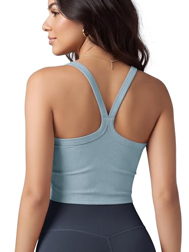 ODODOS Women's Seamless Crop Cami Wide Scoop Neck Ribbed Soft