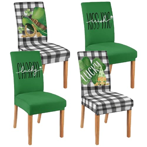 shuownshg St Patricks Day Chair Covers Set of 4 Shamrock Gnome Dining Chair Seat Cover Stretch Removable Green Chair Slipcover Protector for St Patrick's Dining Room Kitchen Home Decor