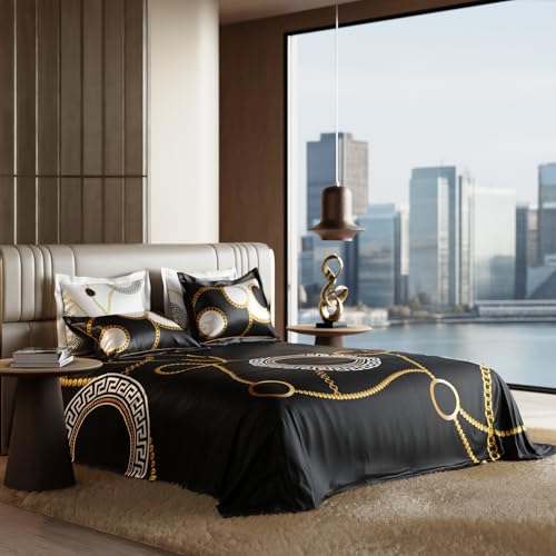 Image of Stoa Paris 300TC UltraSatin Super Size Bedsheet with 4 Pillow Covers, 274cm x 274cm Ideal for King & Double Bed, Gentle on Skin & Hair, Fade & Wrinkle Resistant, Quick Dry, Baroque - Black, Gold