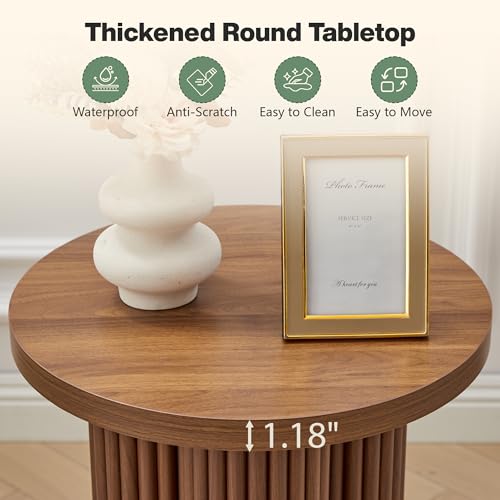 Image of Small Sofa Side Table Set of 2, Fluted Accent Pedestal End Table, Wood Round Night Stand, Farmhouse Bed Side Table Drink Tables for Living Room, Small Spaces (Walnut-2PCS)