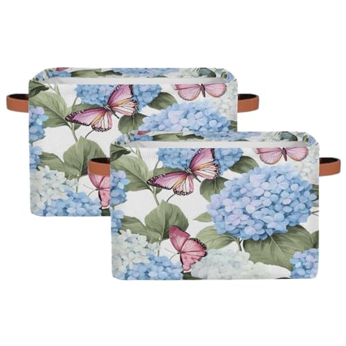 Image of Blue Hydrangea Flowers Storage Baskets for Organizing, Fabric Collapsible Storage Bins Box Pink Butterfly Decorative Toy Organizer Baskets for Closet Shelves Gift Basket 2Pcs