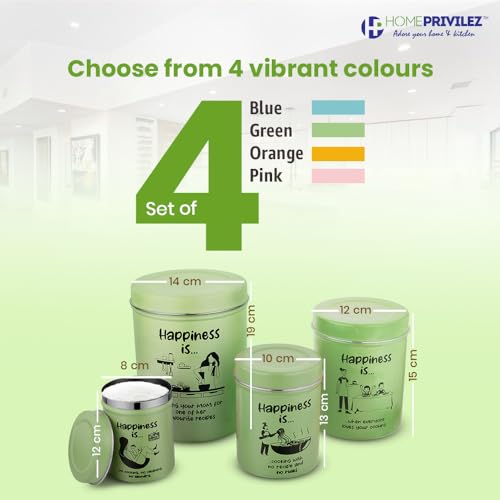 Image of inchChromaJars inch Stainless steel Stylish Coloured printed storage containers set of 4 for Home & Kitchen 500Ml, 900ML,1750 Ml & 2900 Ml (GREEN)