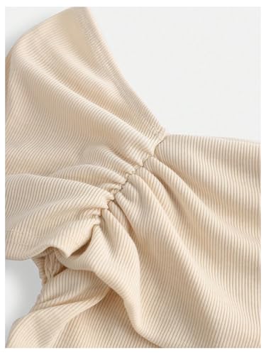 SHENHE Girl's Ribbed Knit Off Shoulder Short Sleeve Ruched Fitted Tee Shirt Going Out Top3